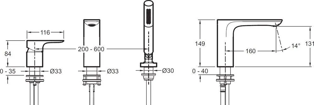 Габаритная схема Смеситель Jacob Delafon Aleo+ E72330-CP на борт ванны