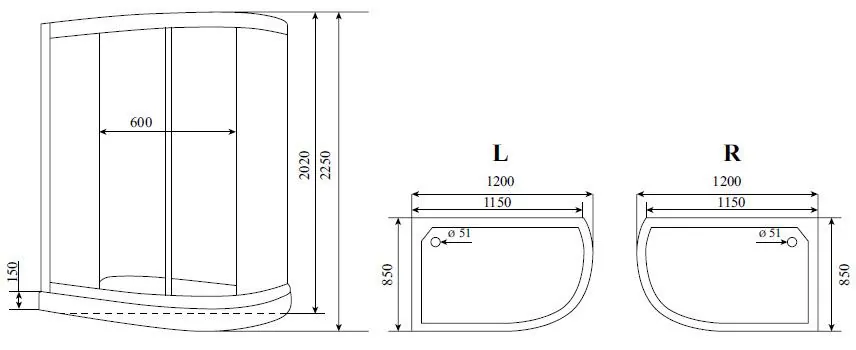 Габаритная схема Душевая кабина Timo Standart T-1102 L