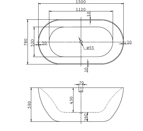 Габаритная схема Акриловая ванна BelBagno BB27 150х80