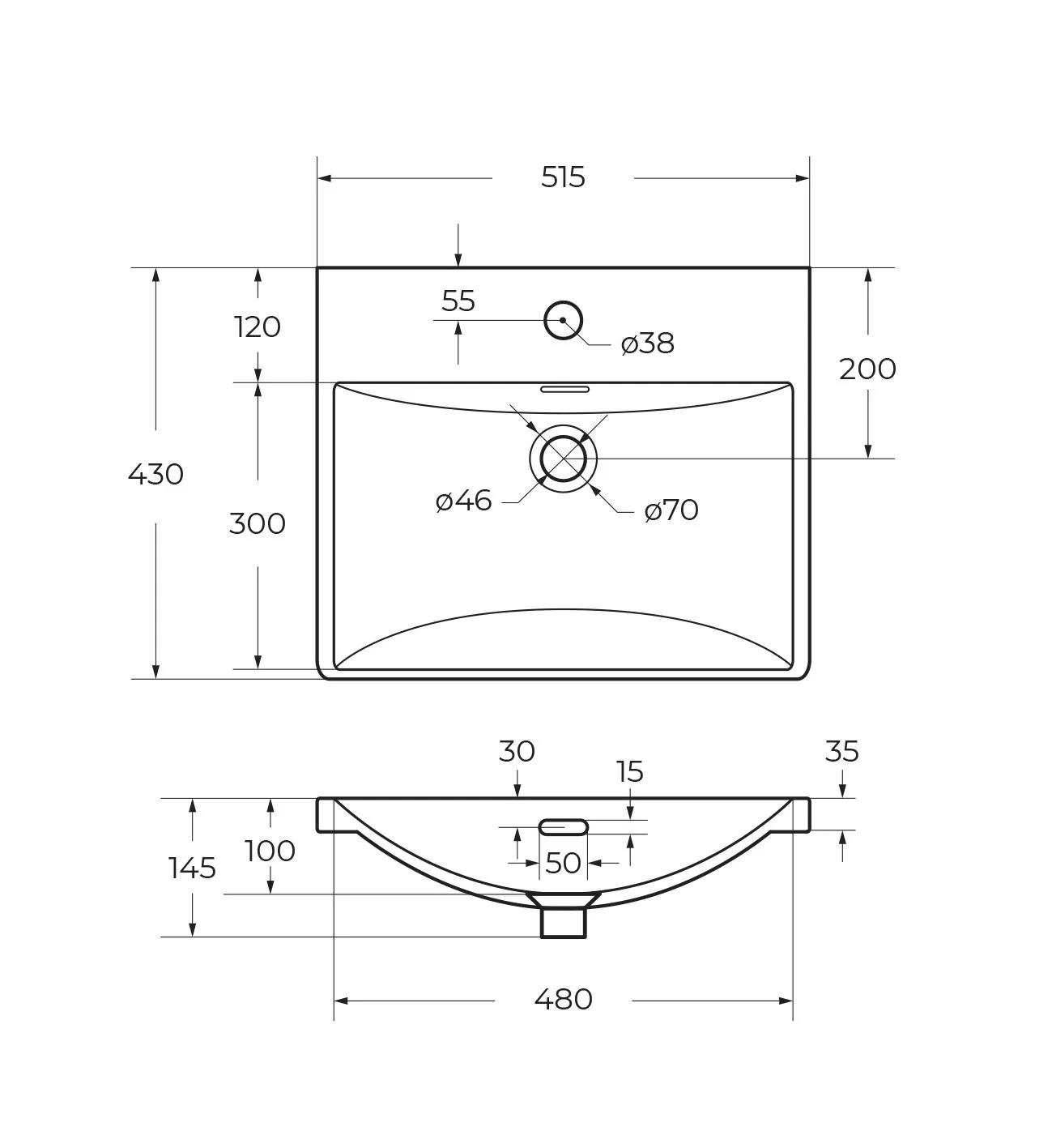 Габаритная схема Мебельная раковина BelBagno BB-8076-3-50 50 см