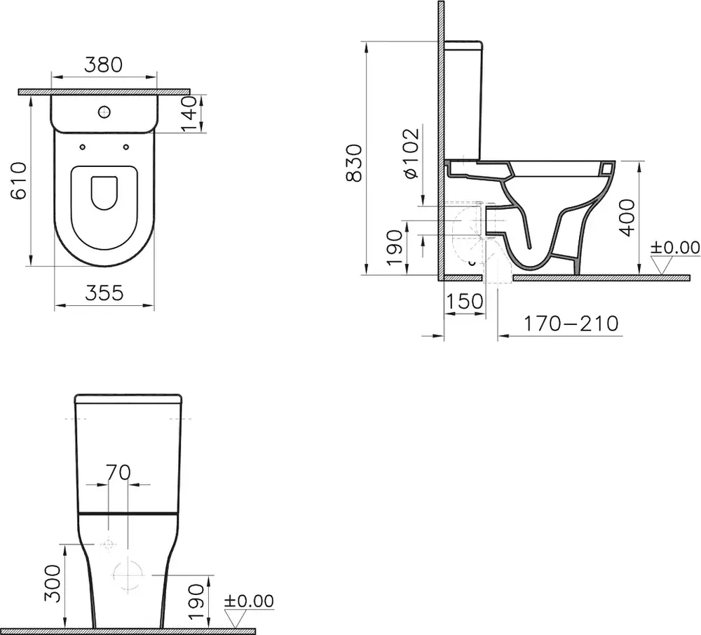 Габаритная схема Унитаз-компакт Vitra Zentrum 9012B003-7202 с микролифтом