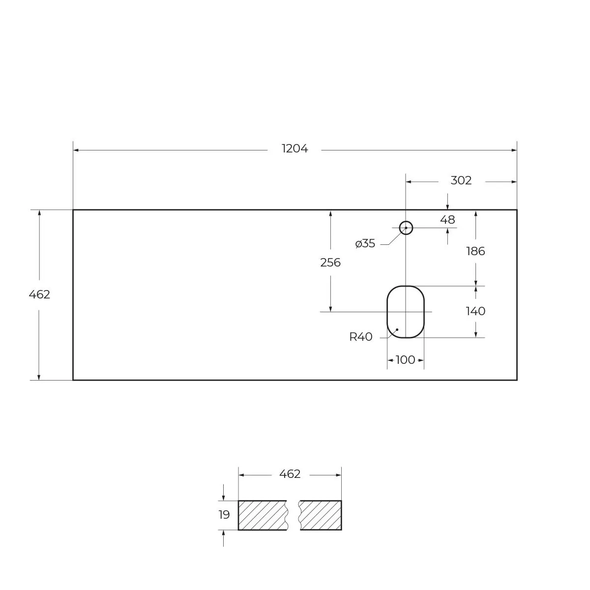 Габаритная схема Столешница BelBagno EK-120-AS-BL-R Bianco Lucido