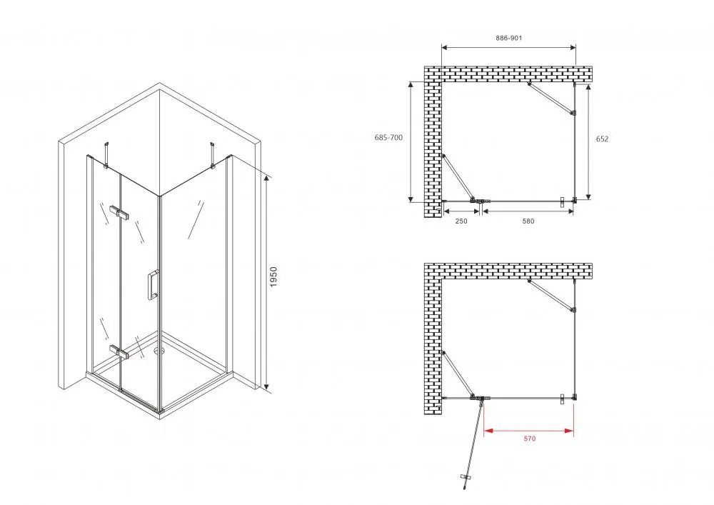 Габаритная схема Душевой уголок Abber Zart AG08090-S71 70x90