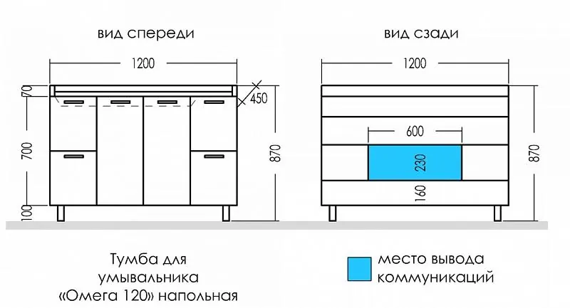 Габаритная схема Тумба под раковину СаНта Омега 120 напольная