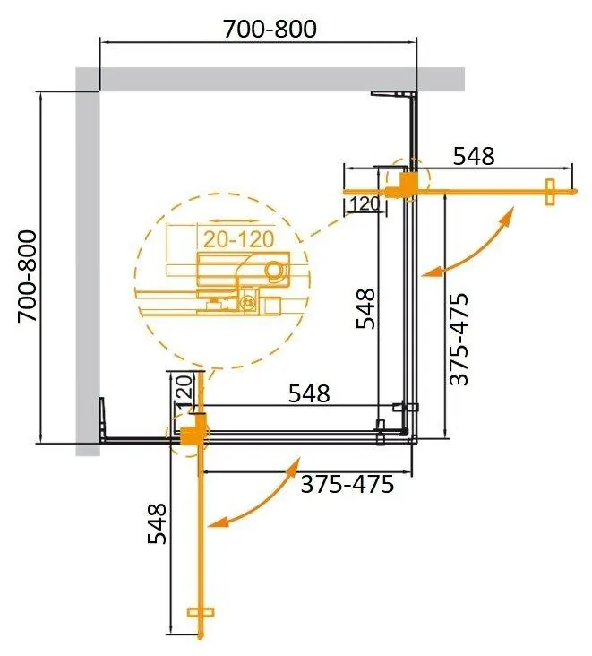 Габаритная схема Душевой уголок Cezares Slider A-2-70/80-GRIGIO-NERO