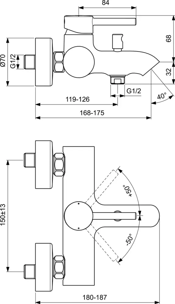 Габаритная схема Смеситель Ideal Standard Ceraline BC199U5 для ванны с душем, белый