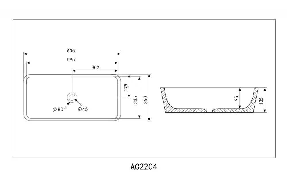 Габаритная схема Раковина Abber Rechteck AC2204 60 см