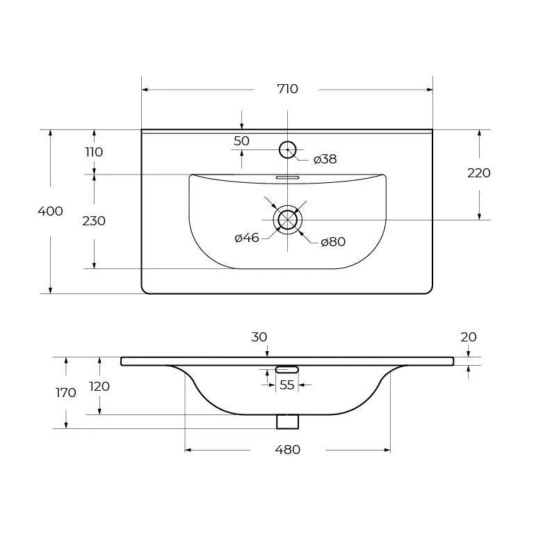 Габаритная схема Мебельная раковина BelBagno BB-8099-3-70 70 см
