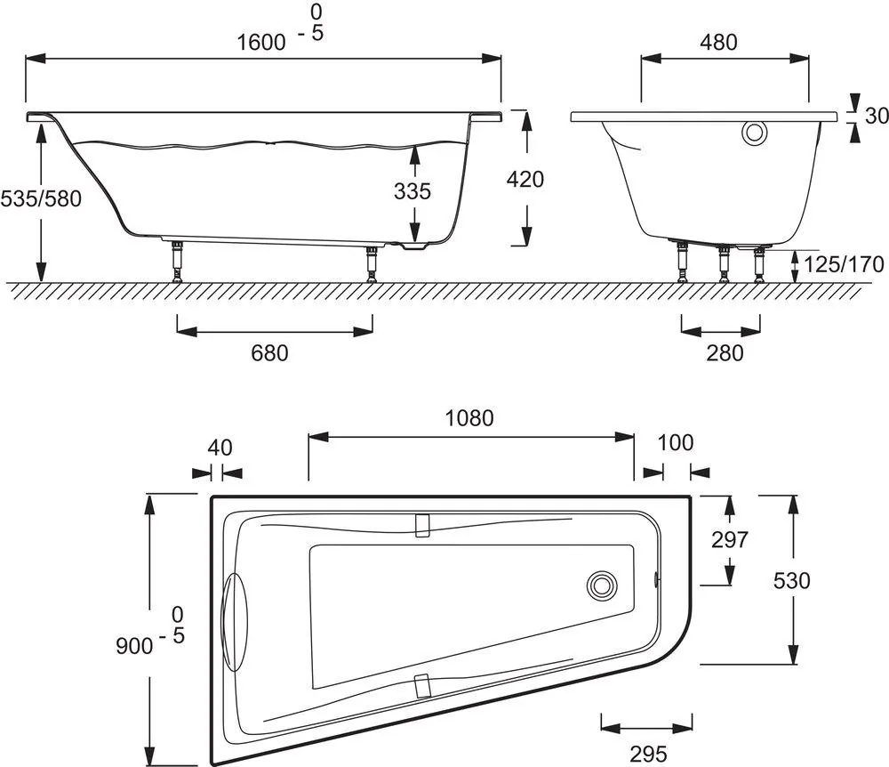 Габаритная схема Акриловая ванна Jacob Delafon Odeon Up 160x90 L