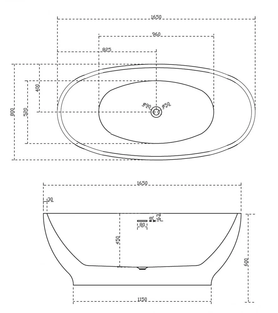 Габаритная схема Акриловая ванна Abber AB9207MB 165x80