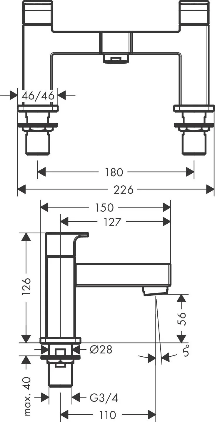 Габаритная схема Смеситель Hansgrohe Vernis Shape 71452000 на борт ванны
