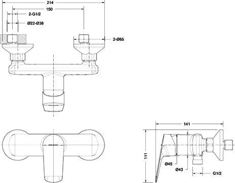 Габаритная схема Смеситель Bravat Rhein F9429564CP-01-ENG для душа