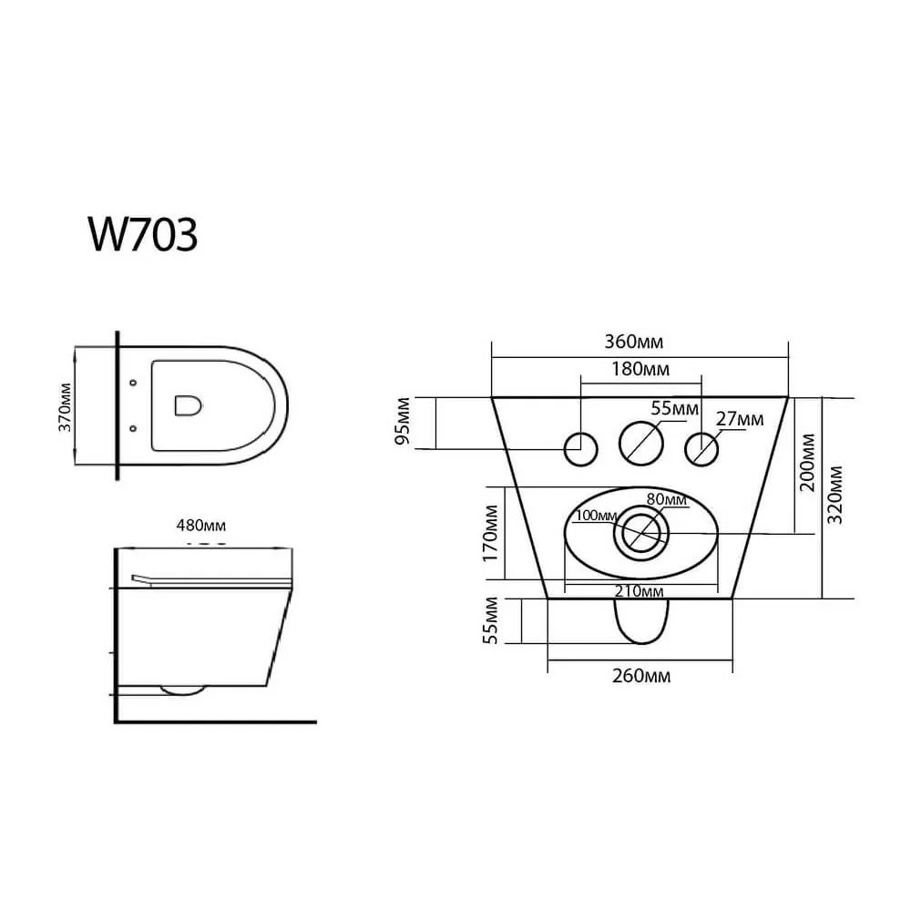 Габаритная схема Унитаз подвесной Black&White Universe W-703