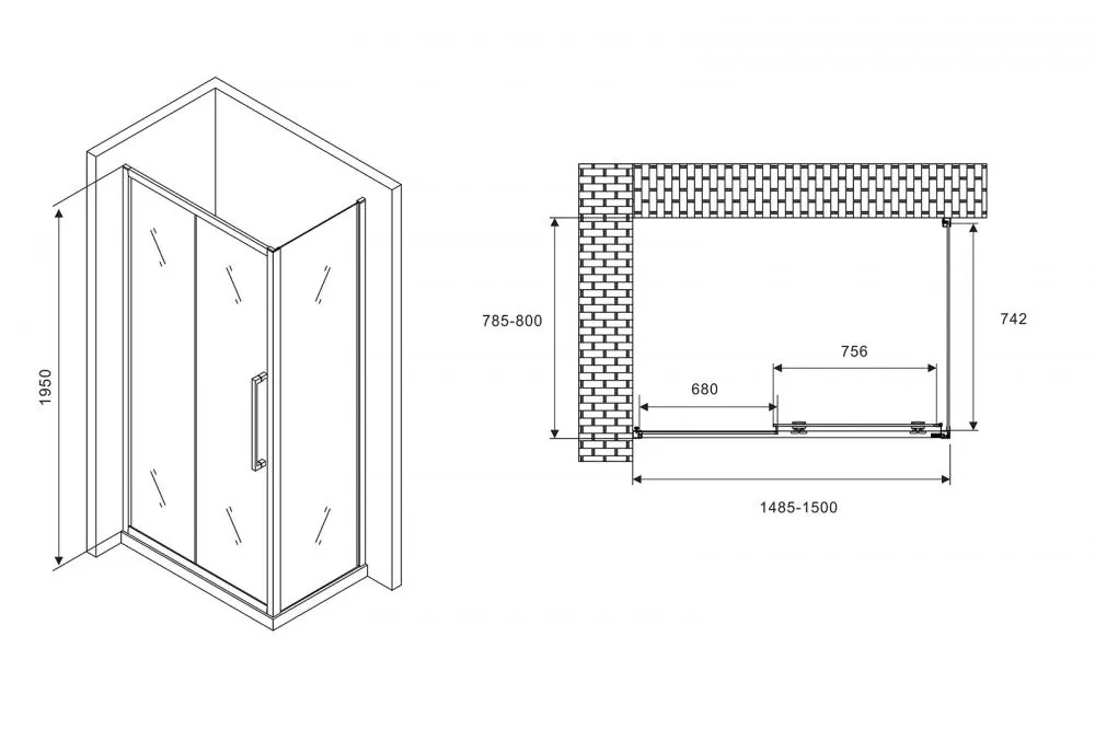 Габаритная схема Душевой уголок Abber Schwarzer Diamant AG30150H-S80 150x80