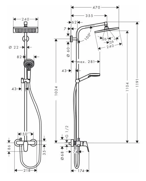 Габаритная схема Душевая стойка Hansgrohe Crometta E 27284000