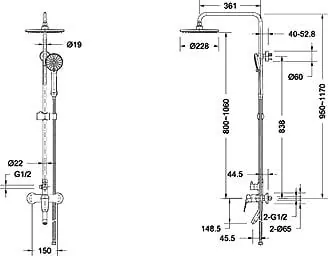 Габаритная схема Душевая стойка Bravat Rhein F6429564CP-A-ENG хром