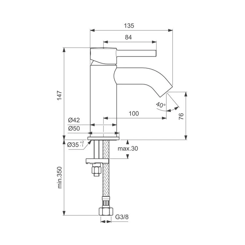Габаритная схема Смеситель Ideal Standard Ceraline BC268XG для раковины, черный матовый