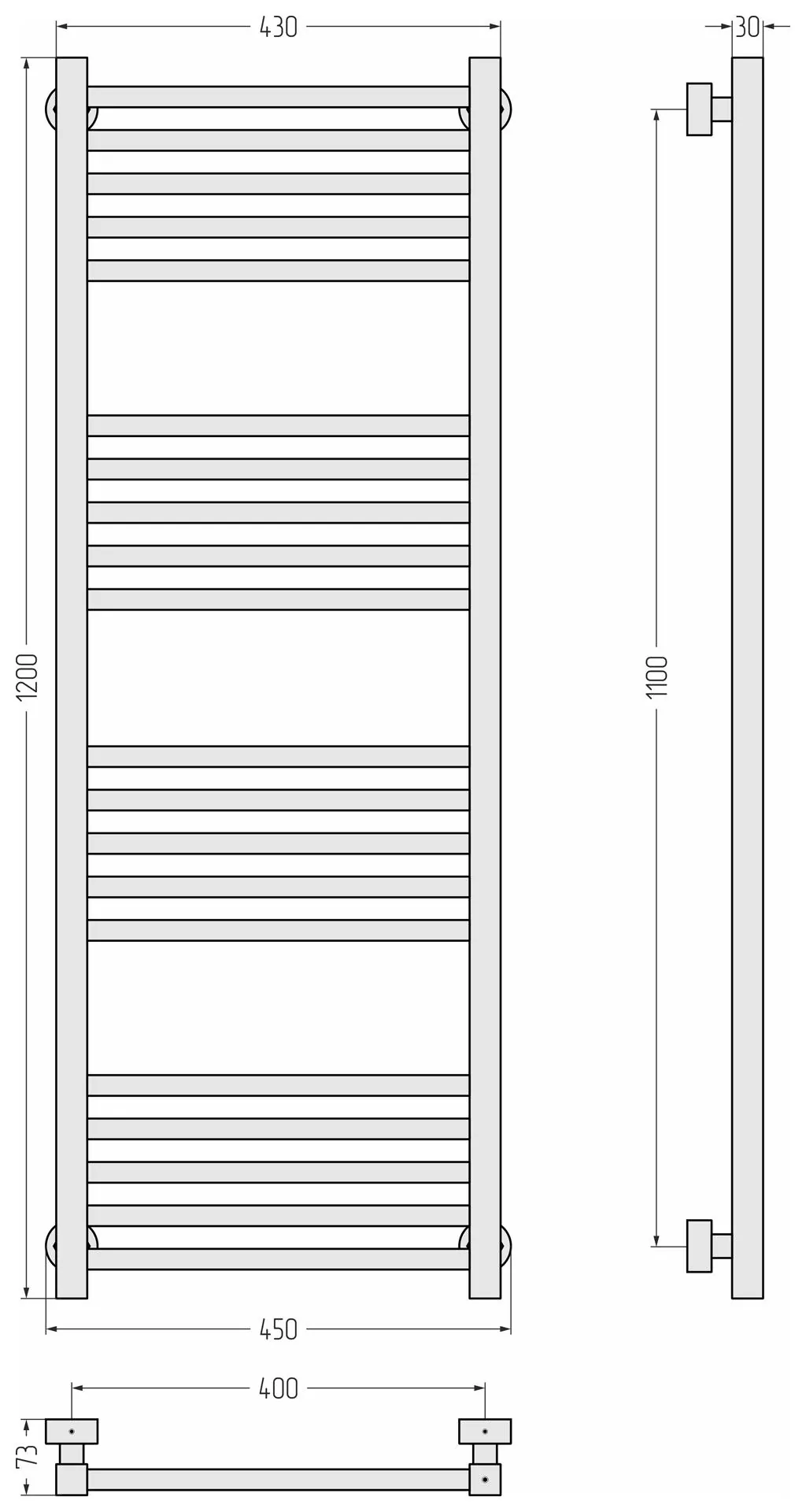 Габаритная схема Полотенцесушитель водяной Сунержа Модус PRO 120х40 белый матовый