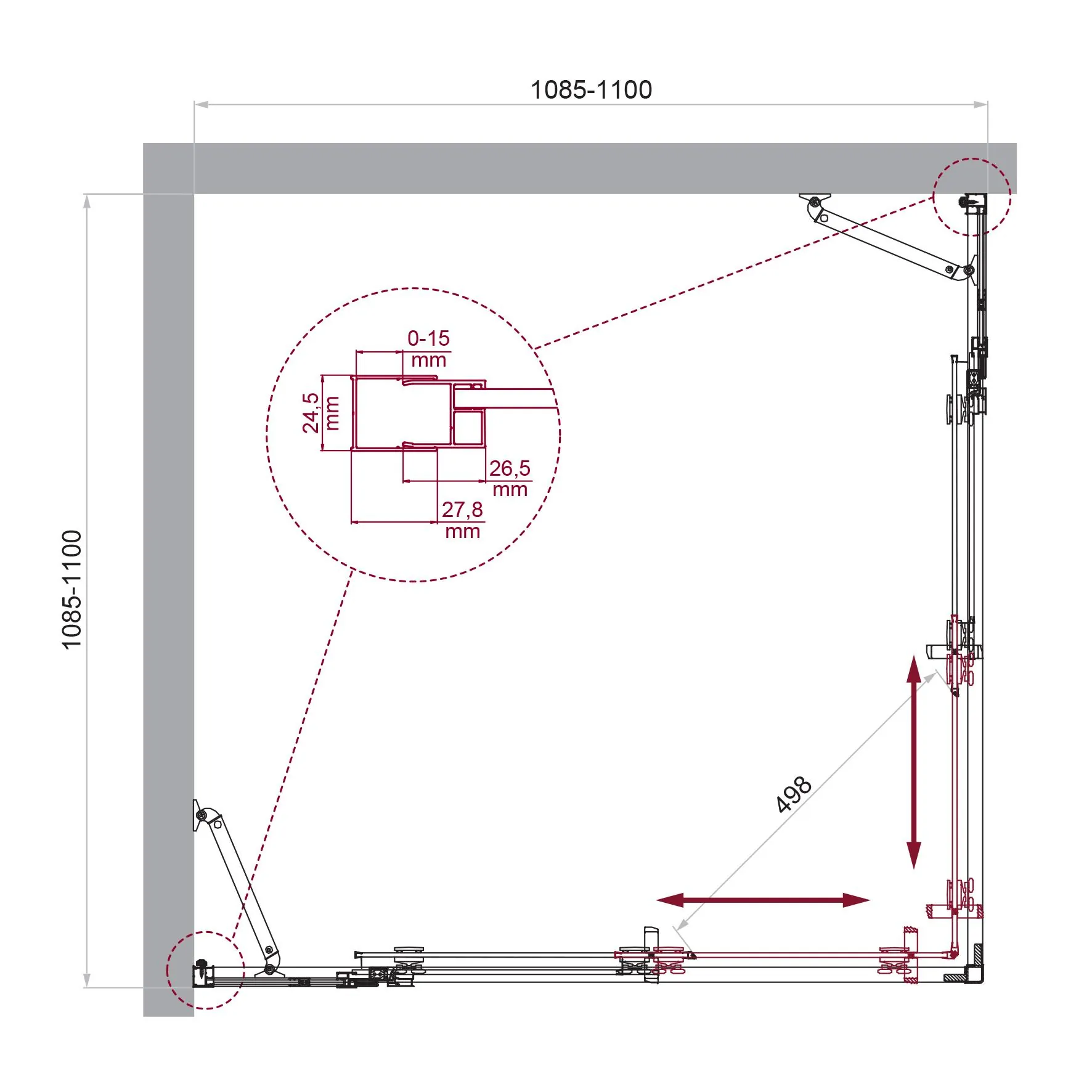 Габаритная схема Душевой уголок BelBagno Luce A-22-90+20-P-Cr