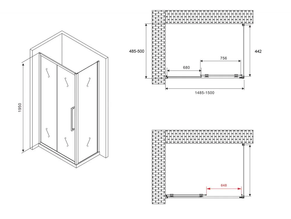 Габаритная схема Душевой уголок Abber Schwarzer Diamant AG30150MH-S50M 150x50