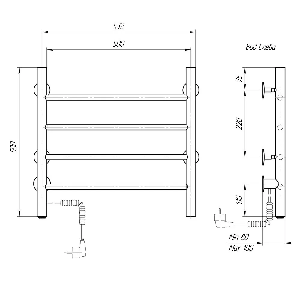 Габаритная схема Полотенцесушитель электрический Domoterm Классик 50x50 L
