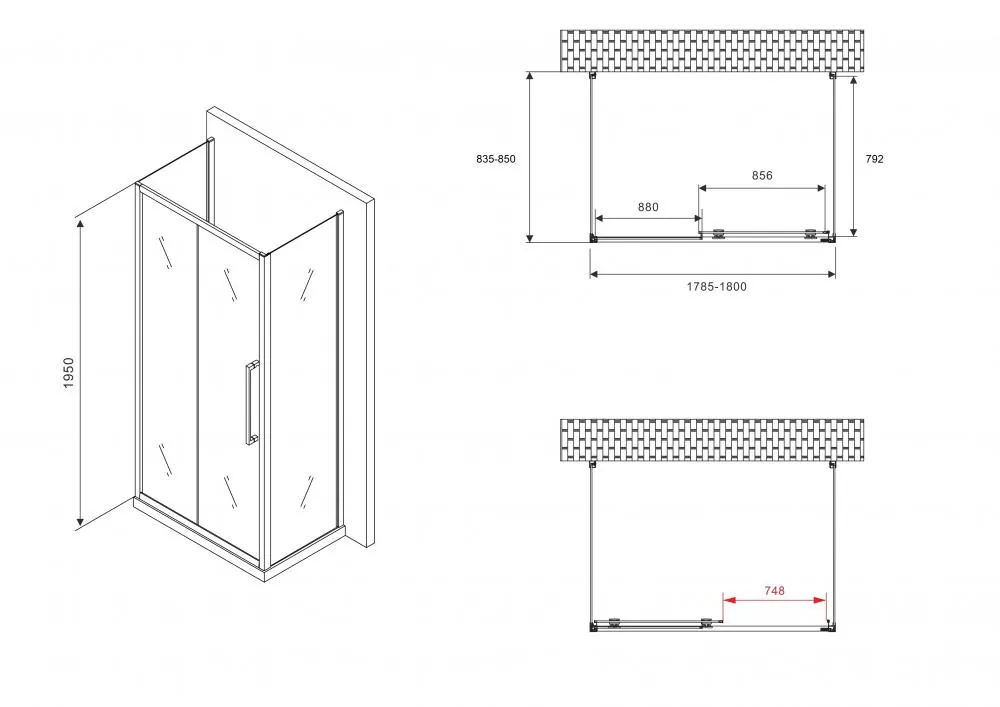 Габаритная схема Душевой уголок Abber Schwarzer Diamant AG30180BH-S85B-S85B 180x85