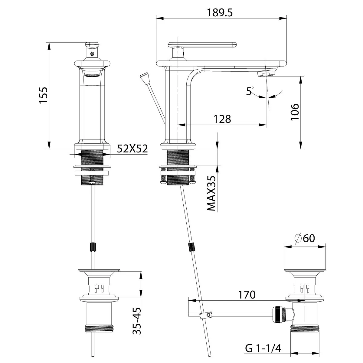 Габаритная схема Смеситель Lemark Mista LM6406WG для раковины