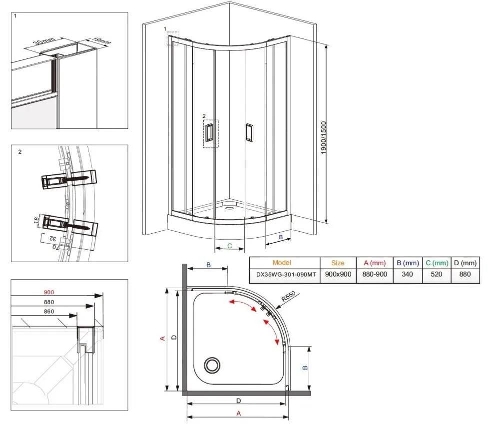 Габаритная схема Душевой уголок Damixa Skyline DX35WG-301-090MT