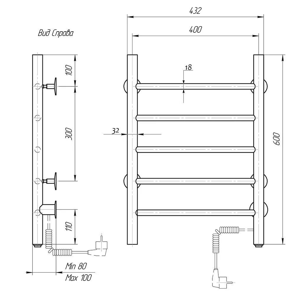 Габаритная схема Полотенцесушитель электрический Domoterm Классик 40x60 R