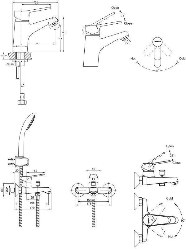 Габаритная схема Душевой комплект Bravat Eco F00313С 3 в 1