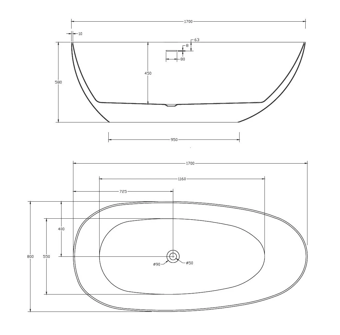 Габаритная схема Акриловая ванна Abber AB9211MB 170х80 матовая