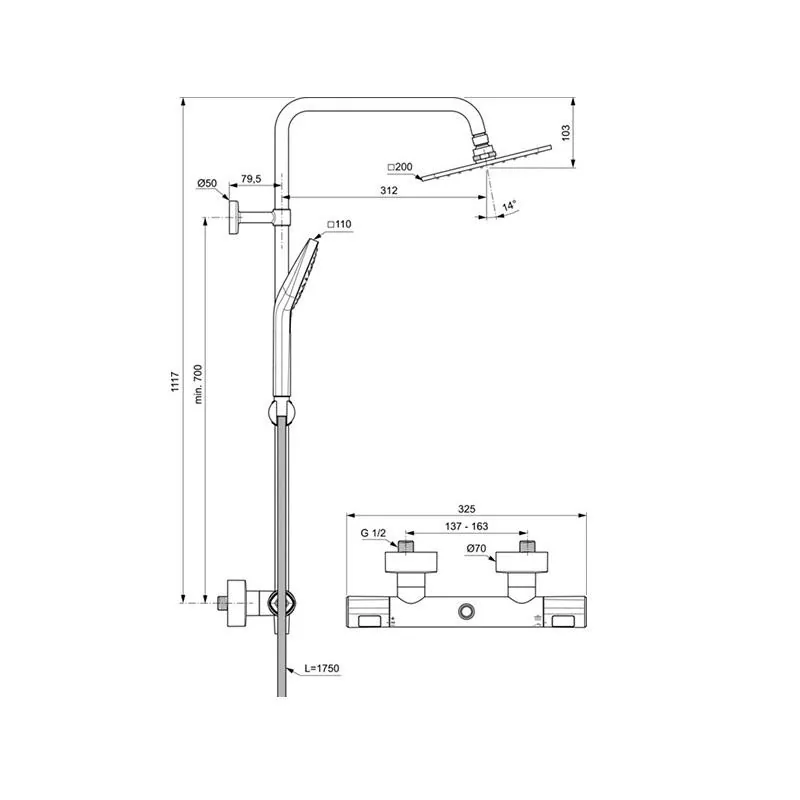 Габаритная схема Душевая стойка Ideal Standard Ceratherm T100 A7240AA