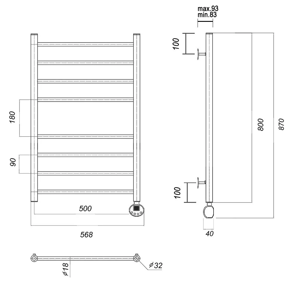 Габаритная схема Полотенцесушитель электрический Domoterm Медея 50x80 R хром