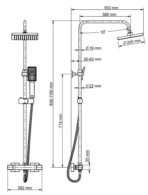 Габаритная схема Душевая стойка Wasserkraft A15502 Thermo