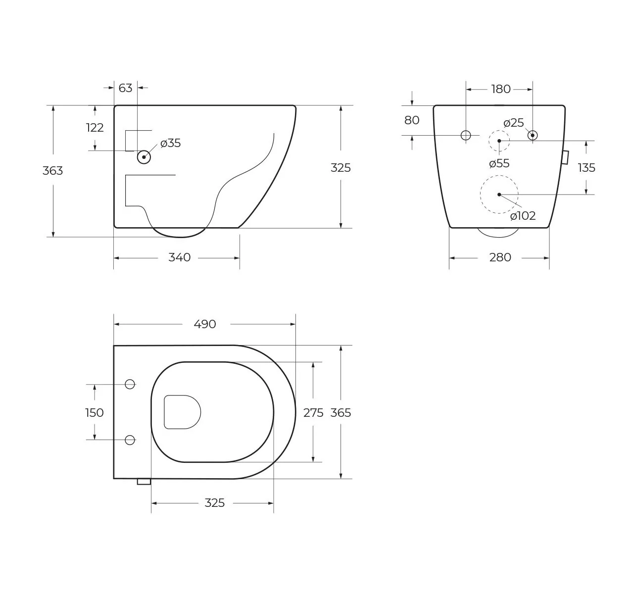 Габаритная схема Унитаз подвесной BelBagno Uno BB3105CHR-BS/SC