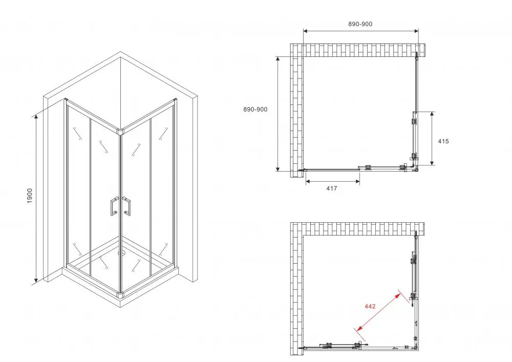 Габаритная схема Душевой уголок Abber Schwarzer Diamant AG020905 90x90