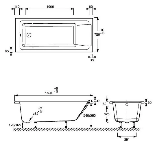 Габаритная схема Акриловая ванна Jacob Delafon Sofa 170x75