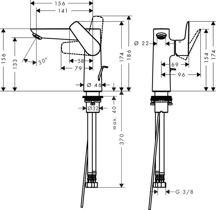Габаритная схема Смеситель Hansgrohe Talis E 71754000 для раковины