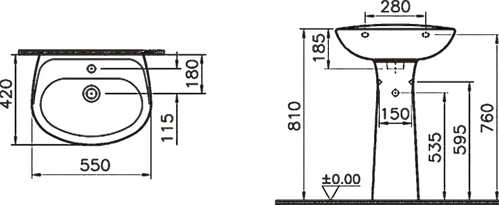 Габаритная схема Раковина Vitra Normus 9600B003-7650 55 см на пьедестале
