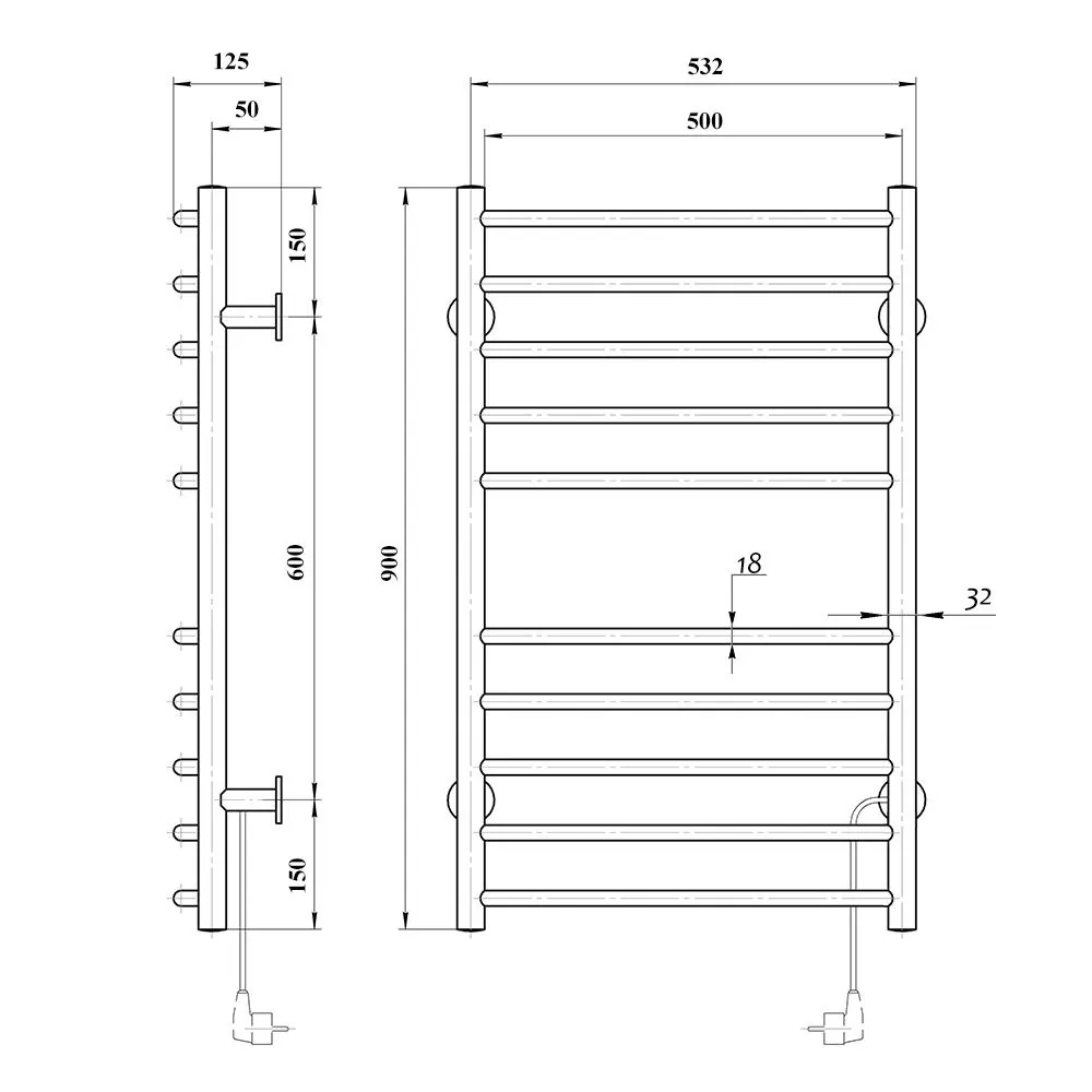 Габаритная схема Полотенцесушитель электрический Domoterm Аврора П10 50x90 R