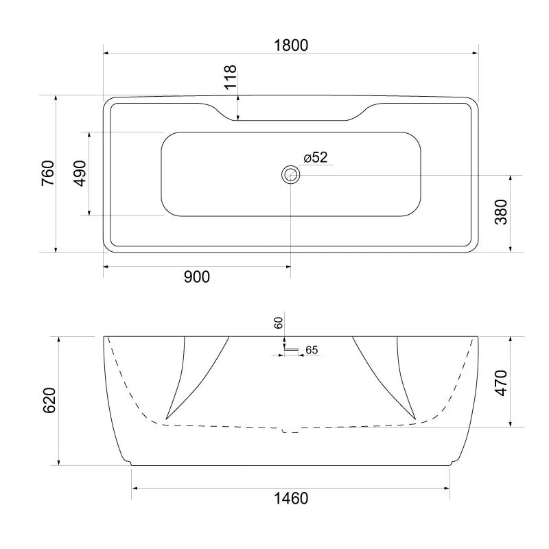 Габаритная схема Акриловая ванна BelBagno BB110-180-76 180х76