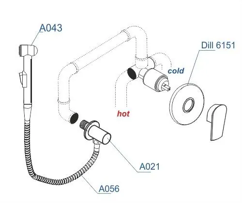 Габаритная схема Гигиенический душ Wasserkraft Dill A06156 со смесителем, с внутренней частью