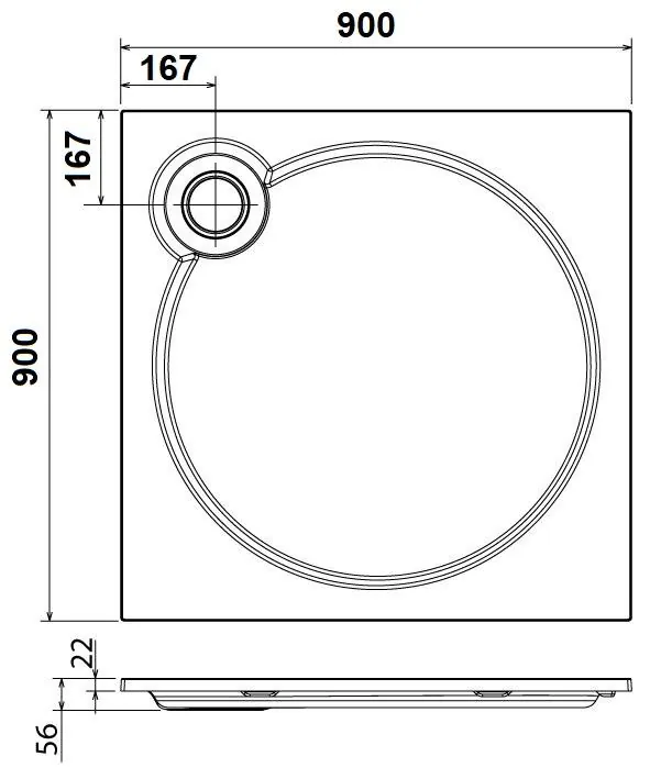 Габаритная схема Поддон для душа Cezares TRAY-S-A-90-56-W