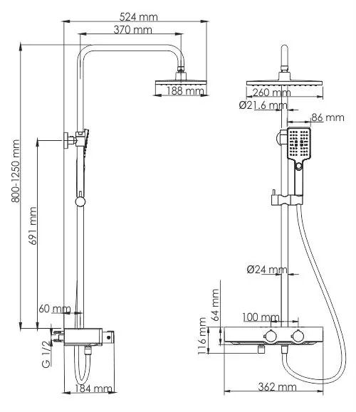 Габаритная схема Душевая стойка Wasserkraft A11401 Thermo