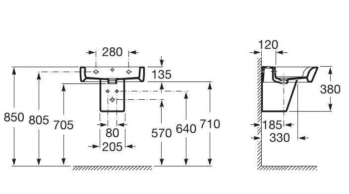 Габаритная схема Полупьедестал для раковины Roca Hall 337621000