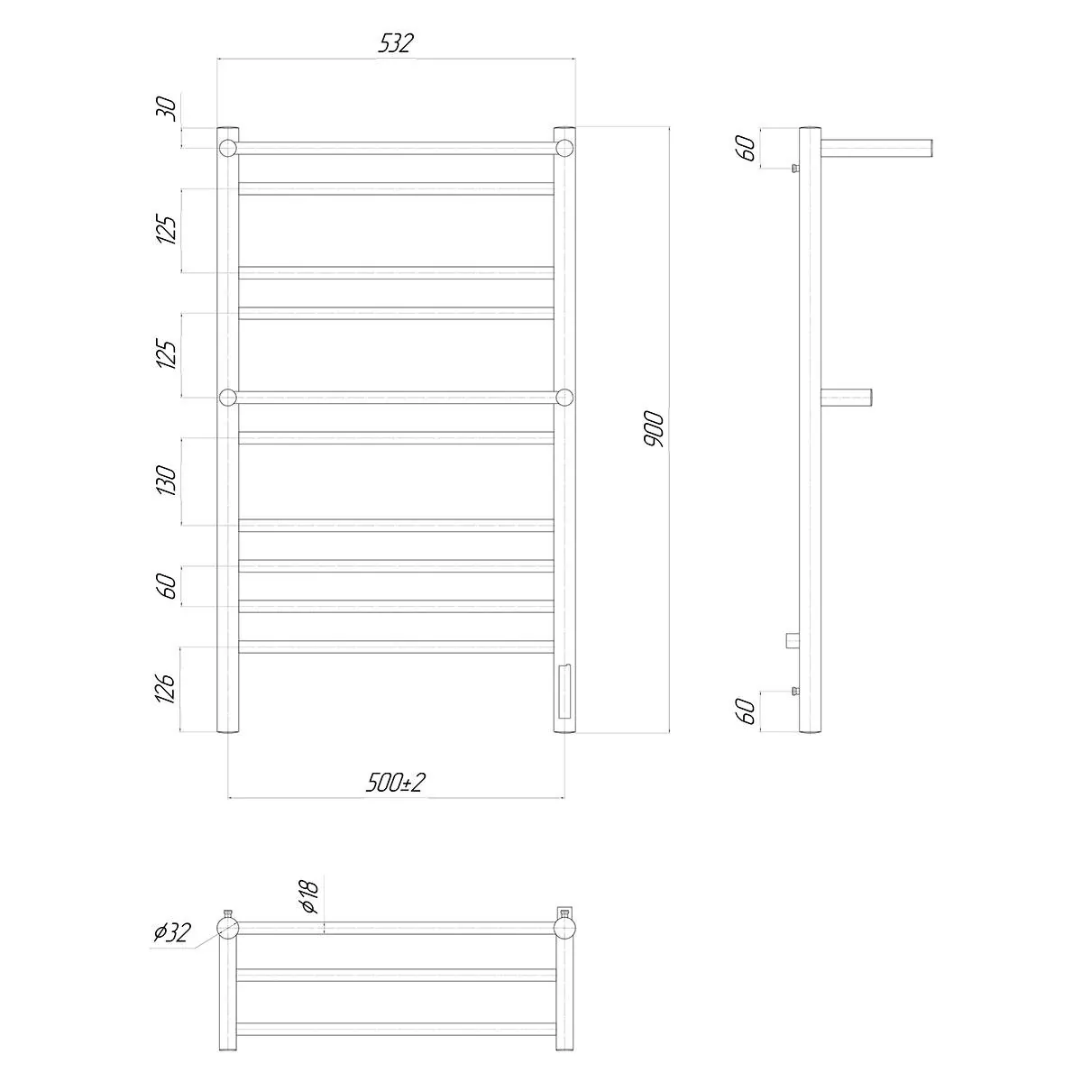 Габаритная схема Полотенцесушитель электрический Lemark Pramen П10 50x90
