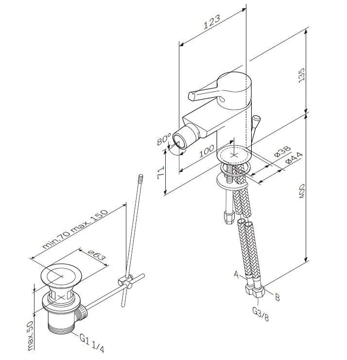 Габаритная схема Смеситель AM.PM X-Joy F85B83100 для биде