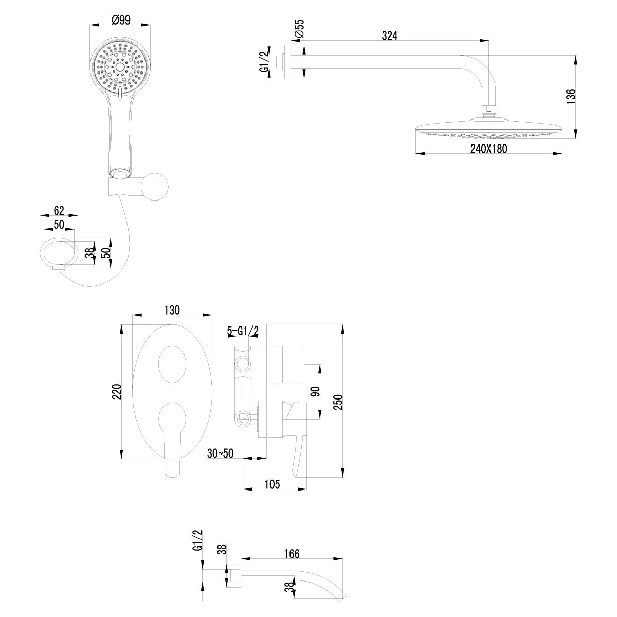 Габаритная схема Душевой комплект Lemark Atlantiss LM3222C