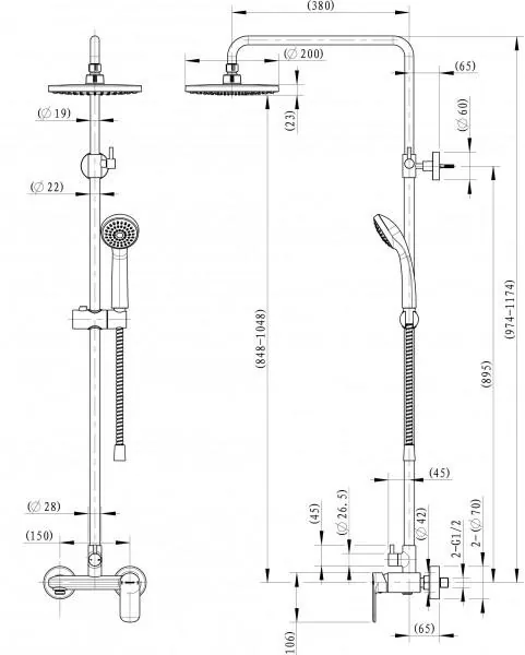 Габаритная схема Душевая стойка Bravat Opal F9125183CP-A1-RUS