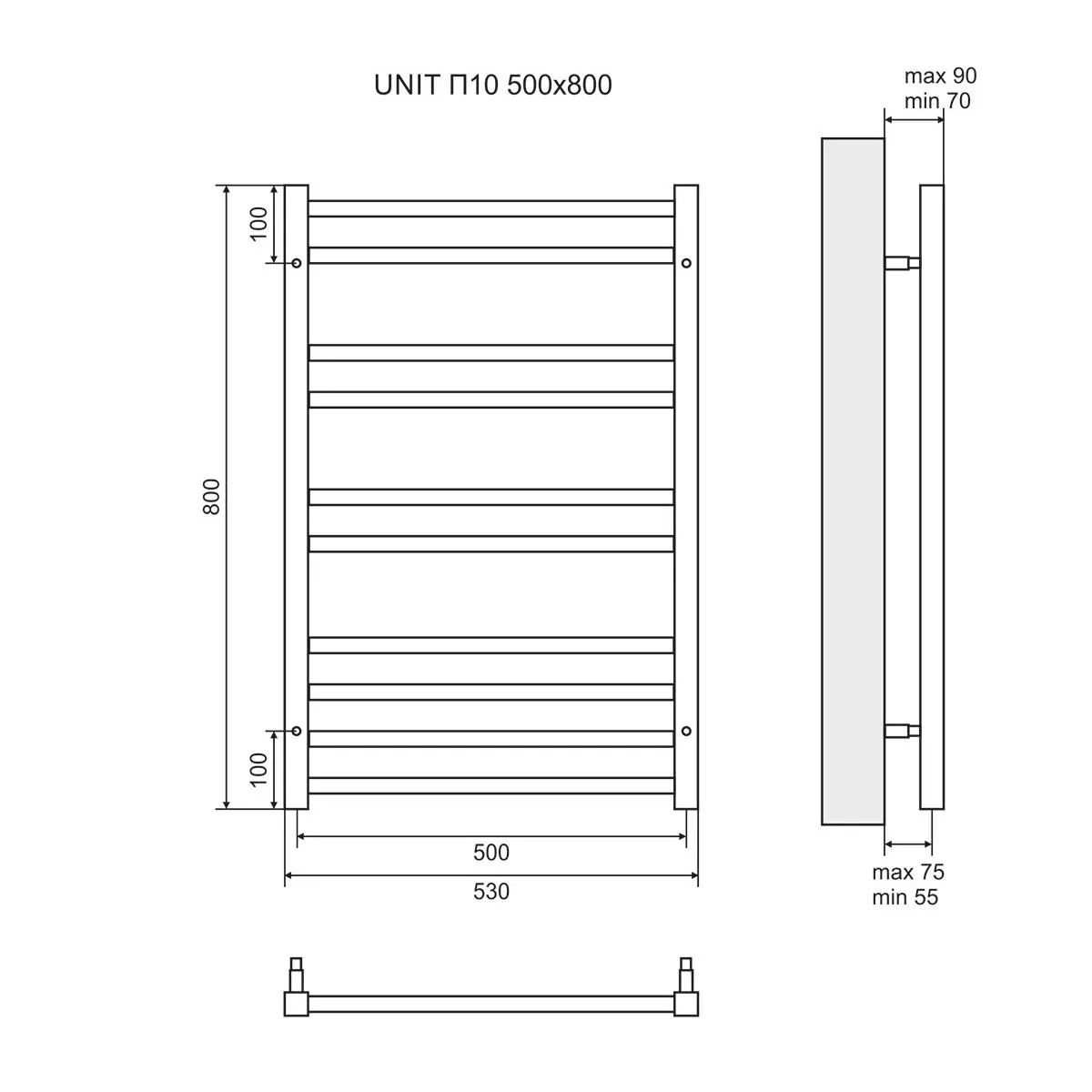 Габаритная схема Полотенцесушитель водяной Lemark Unit П10 50x80, хром
